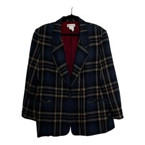Private Concepts Mens Plaid Wool Blend Blazer Jacket Size L Navy‎ Tan Lined